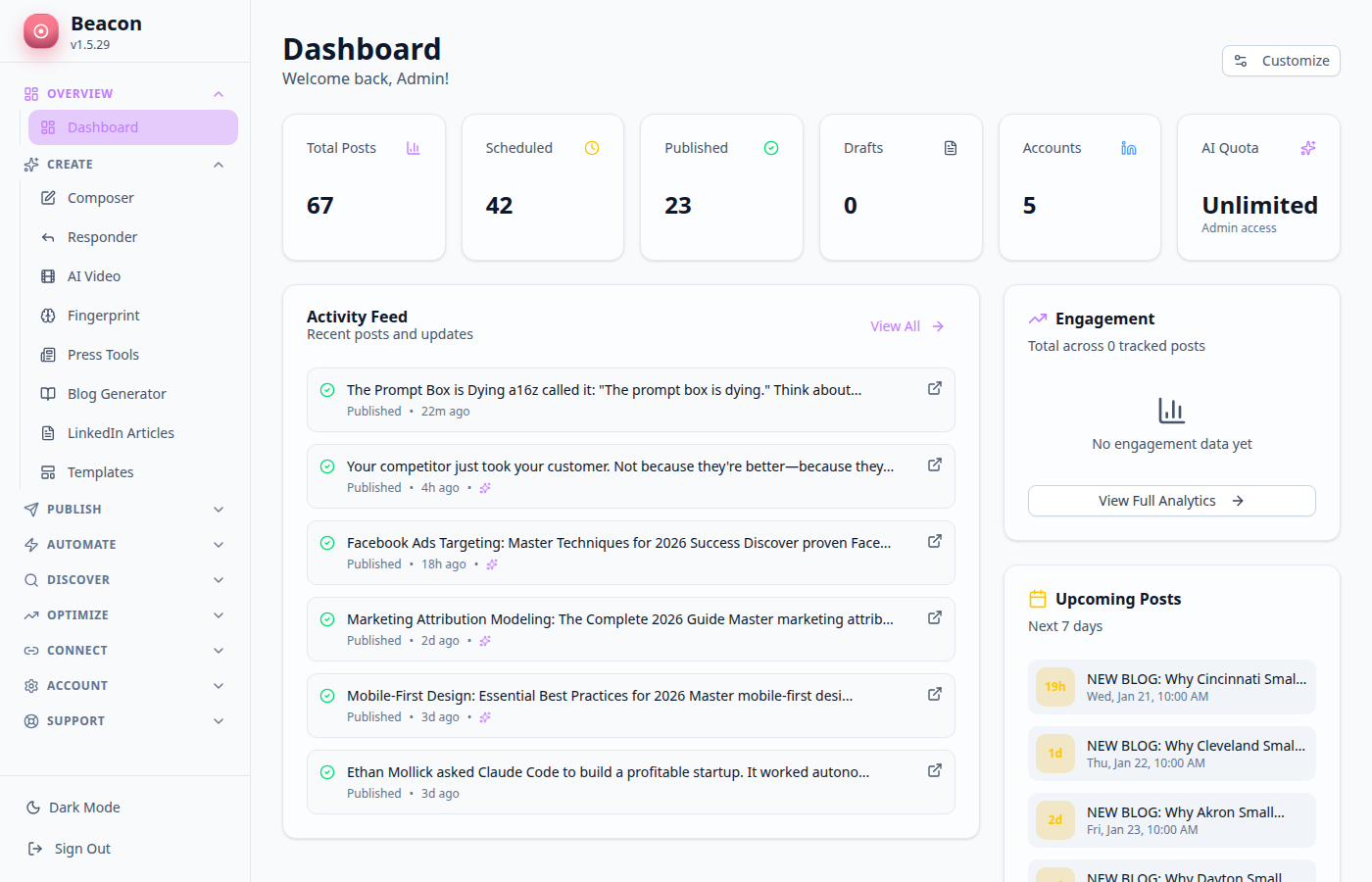 Beacon dashboard showing content queue, activity feed, engagement metrics, and upcoming scheduled posts